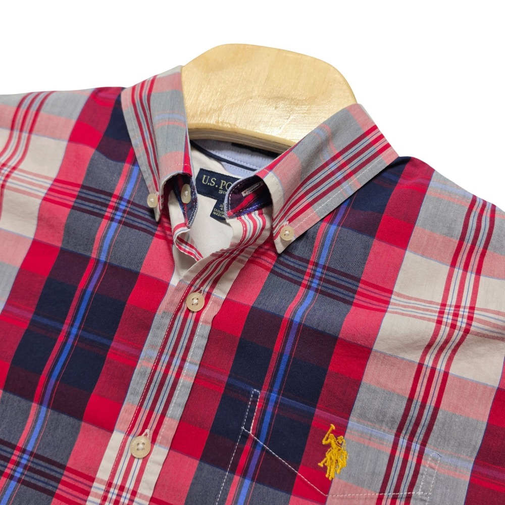 U.S. Polo Assn. Button Down Mens L Red Plaid Excellent Short Sleeve Stretch - Picture 2 of 12